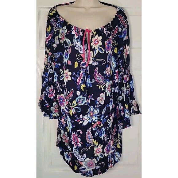 Anne Cole Tie Neck Bell Sleeve Shift Dress Navy Floral XS Tunic EUC - Picture 4 of 8